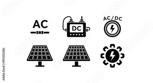 Electrical components and solar panels represented in a black silhouette