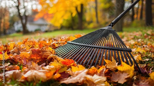 A black rake lies on the ground amidst a pile of vibrant orange and yellow fallen leaves in a residential yard during autumn.