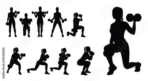 Diverse group exercising with dumbbells showcasing various poses a silhouette