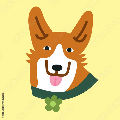 Vector illustration of Pembroke Welsh Corgi dog head in cute dog-collar. It can be used for pet-related marketing materials, educational content about breeds, prints, cards etc.