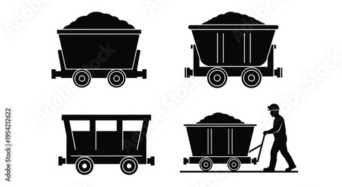 Coal mining equipment and worker depicted in a stark black silhouette