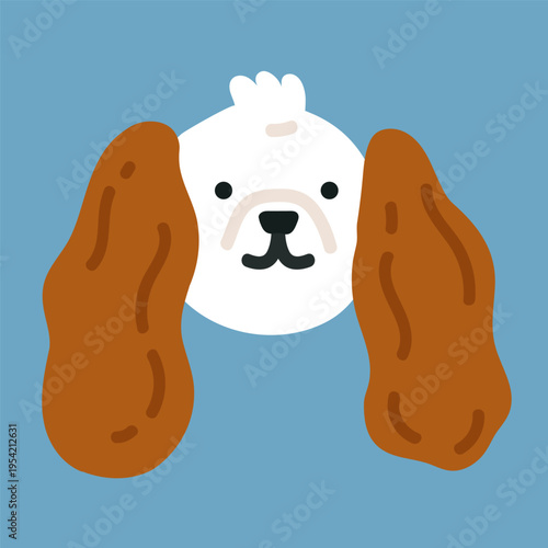 Illustration of King Charles Spaniel dog head. It can be used for pet-related marketing materials, educational content about breeds, prints, cards etc. Vector illustration isolated on blue background