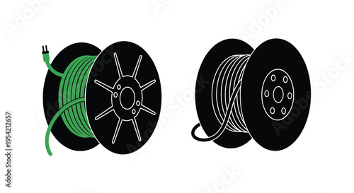 Two spools of cable one green and one black in silhouette