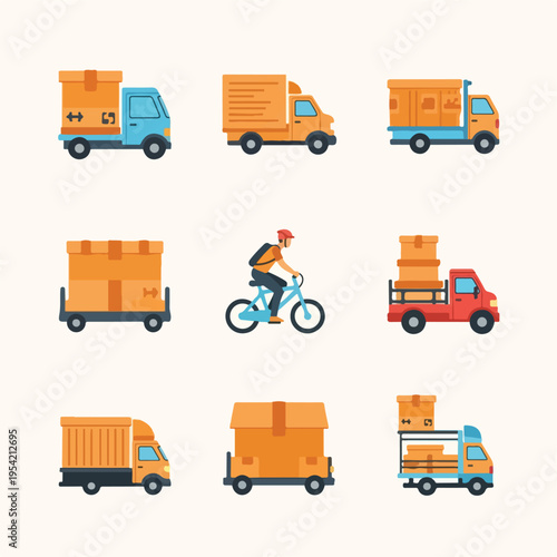 Collection of stylized delivery vehicles and a cyclist, carrying boxes