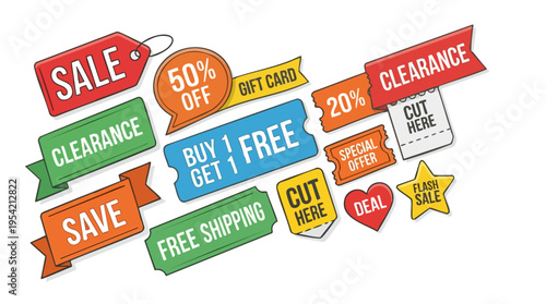 Colorful Sale Tags and Discount Labels for Shopping and Promotional Offers
