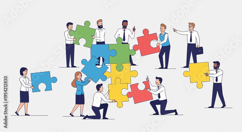 Diverse business team assembling a colorful jigsaw puzzle, symbolizing teamwork and collaboration