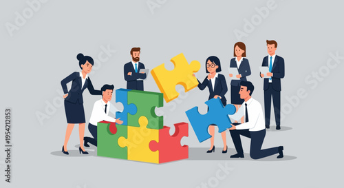Diverse team assembling a colorful puzzle, symbolizing collaboration, teamwork, and problem-solving.