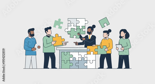 Diverse team assembling a complex puzzle, symbolizing collaboration, problem-solving, and teamwork.