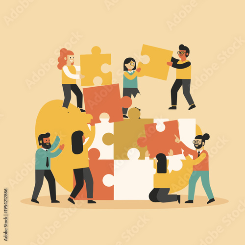 Diverse team assembling a large puzzle, symbolizing collaboration, teamwork, and problem-solving.