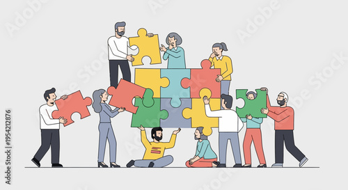 Diverse team assembling colorful jigsaw puzzle pieces, symbolizing teamwork and collaboration