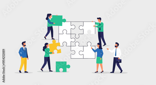 Diverse team assembling jigsaw puzzle, teamwork and collaboration concept