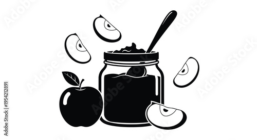 Apples jam and a spoon in a striking black silhouette