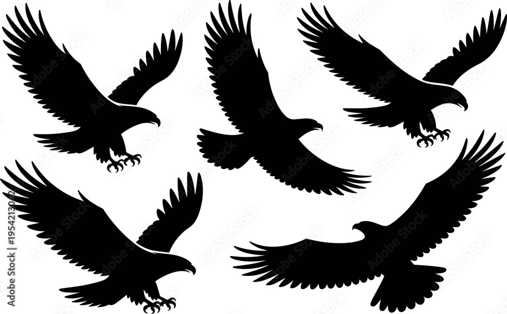Fototapeta premium Flock of black eagles flying in formation against white background minimalist vector illustration
