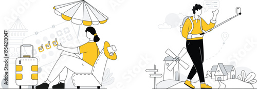 Travelers enjoying leisure and sightseeing with technology and comfort