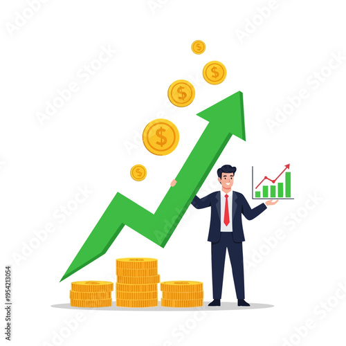 Businessman holding growing financial graph with coins and upward arrow, symbolizing success and profit