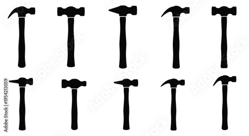 Collection of various black hammer tools presented in a dark silhouette