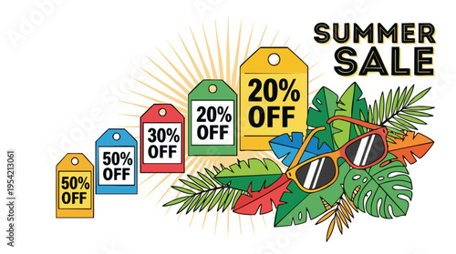 Colorful Summer Sale advertising tags with tropical leaves and sunglasses promoting discounts and special offers for seasonal shopping