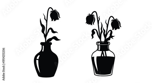 Two vases display drooping flowers in a stark black silhouette