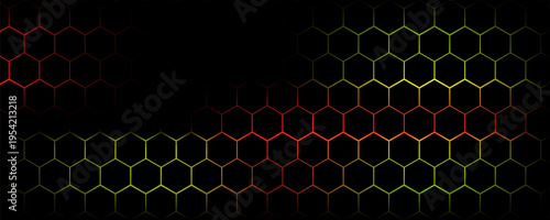 Dark hexagon abstract technology background with blue and green colored bright flashes under hexagon. Hexagonal gaming vector tech illustration black abstract background. vector eps 10