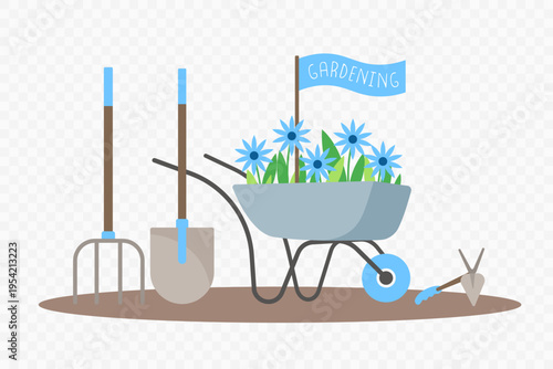 Gardening concept with wheelbarrow, tools and blue flowers in flat style. Clean outdoor composition with rake, shovel and plant elements, suitable for banner, poster, branding and nature design