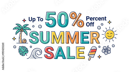 Colorful summer sale banner with discount message, tropical elements, sun, and playful design for promotional marketing and advertising campaigns
