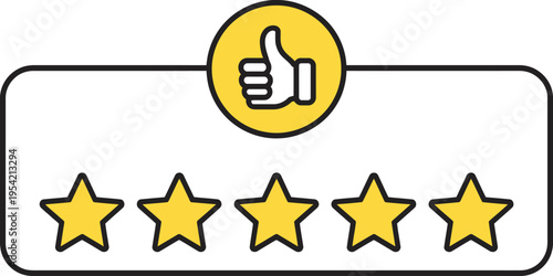 Five star rating banner with thumbs up icon representing positive customer review, feedback, satisfaction, quality approval, and service excellence vector illustration for business and marketing
