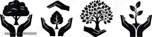 Black silhouette illustration of hands holding and supporting trees and plants, symbolizing environmental protection, growth, nurturing, and human responsibility for nature and sustainability