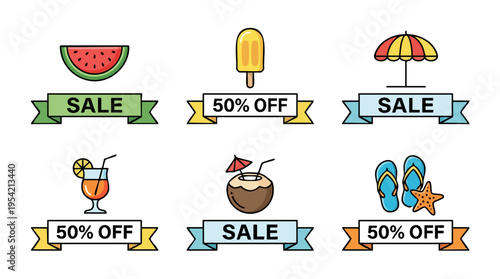 Colorful summer sale banners with beach items including watermelon, umbrella, drinks, Hawaiian coconut, flip-flops, and starfish for holiday promotions
