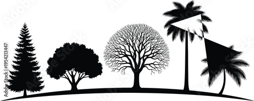 Black silhouette illustration of diverse trees including conifer, broadleaf, deciduous, and palm with geometric triangle shapes, symbolizing nature, education, trigonometry, and mathema