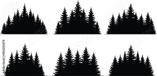 Black silhouette illustration of six coniferous tree clusters arranged in rows, showcasing diverse forest outlines, nature-inspired design elements, and decorative woodland graphics for creative use