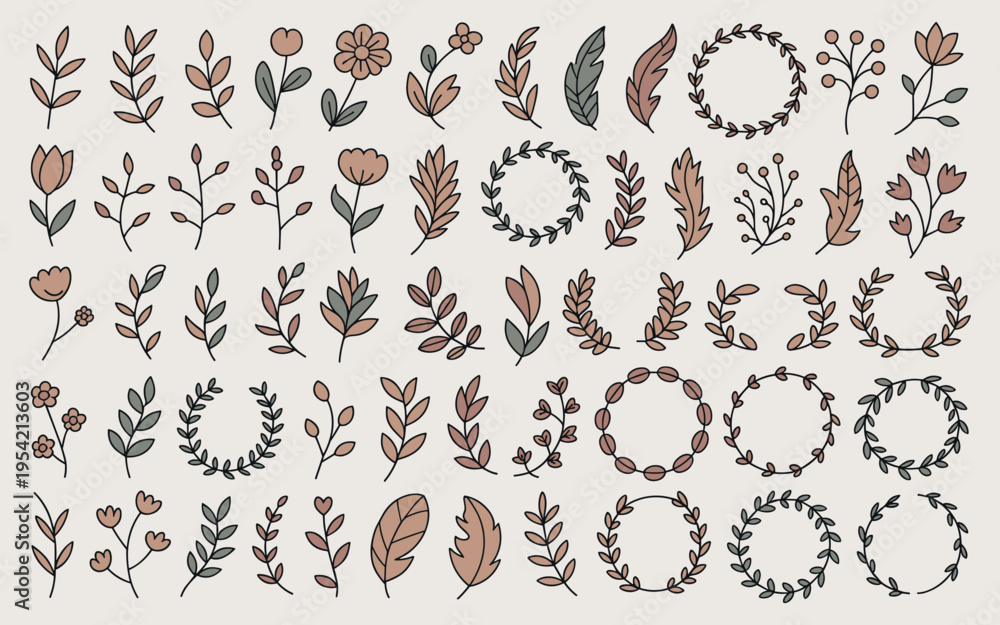 Fototapeta premium Hand drawn botanical wreath collection with leaves flowers and berries seamless vector illustration set