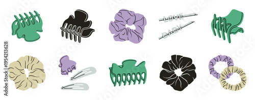 Set of hair claw clips, scrunchies and hair pins. Ideal for fashion blogs, product packaging, online stores, hairstyle guides and commercial branding. Vector illustration, colorful design.