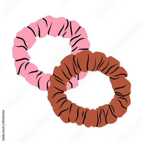 Vector illustration with a pair of scrunchies. Fabric-covered elastic hair ties. Ideal for blog posts, promotional material, social media content, and advertising campaigns. Accessories and hairstyles