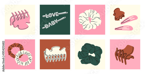 Big set of posters with hair claw clips, scrunchies and hair pins. Ideal fashion blogs, product packaging, online stores, hairstyle guides and commercial branding. Vector illustration.