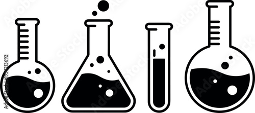 Set of four laboratory glass flasks with liquid and bubbles isolated on white background science experiment