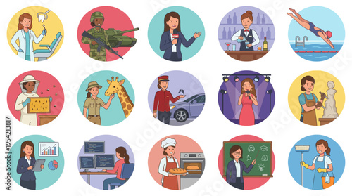 Women in various professional careers icons set | Flat vector illustrations of diverse female workers in different jobs | Graphic collection