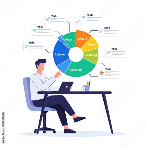 Man planning schedule with pie chart, time management, productivity, work-life balance concept