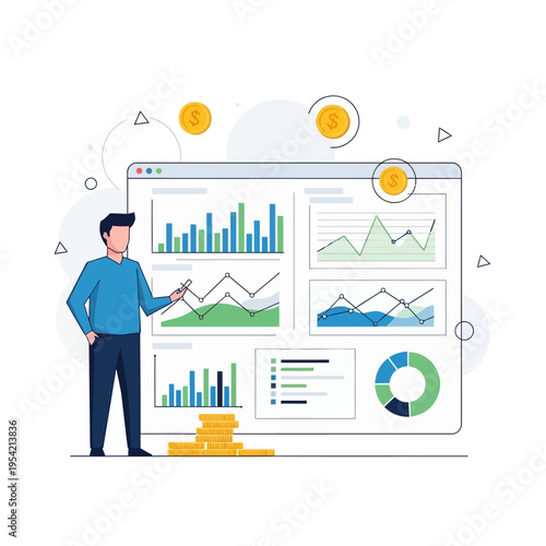 Man presenting financial data charts and graphs on a screen with coins