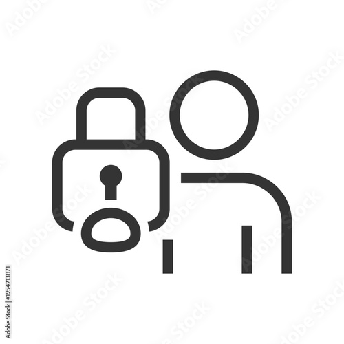 security clip art icon symbol, man showing padlock, access control, anti-theft concept, isolated line vector 
illustration