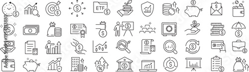 ベクターでモノクロの資産運用に関する線画アイコンセット
