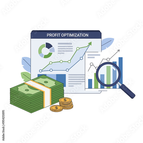 Profit optimization concept with charts, money, and magnifying glass
