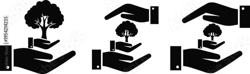 Hands protecting growing tree icon set, environmental conservation concept, sustainability, eco care, nature protection symbol, green growth support illustration, save planet design
