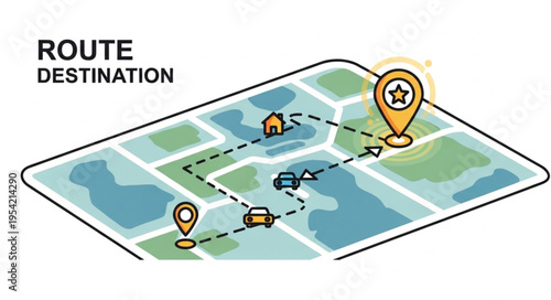 Route Destination Map Illustration with Navigation and Landmarks.