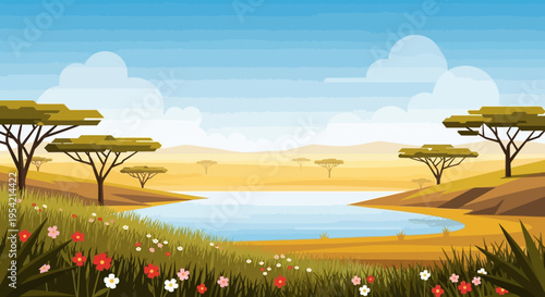 African Savannah Landscape with Acacia Trees and Watering Hole