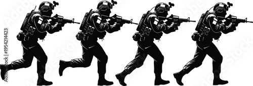 Silhouette soldiers advancing forward with rifles, helmets, backpacks, and tactical gear, military illustration representing combat readiness, battlefield discipline, armed forces d