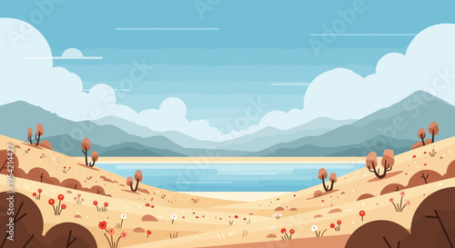 Desert Oasis Landscape with Mountains and Lake, Stylized Flat Design