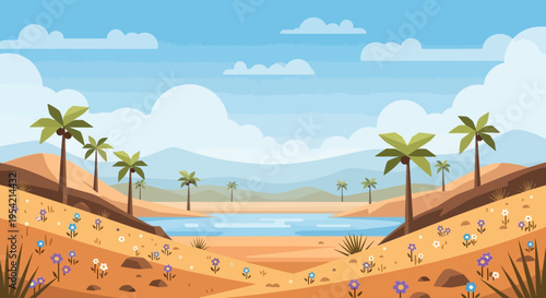 Desert Oasis Landscape with Palm Trees and Blooming Wildflowers