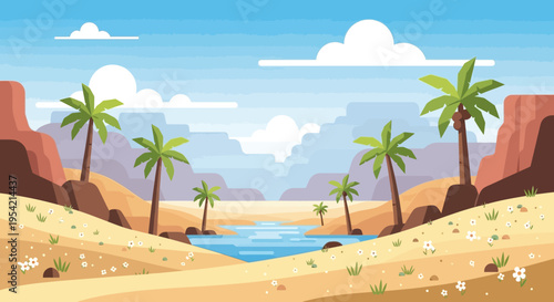 Desert Oasis Landscape with Palm Trees and River