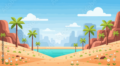 Desert Oasis Landscape with Palm Trees and Rocky Mountains - Pixel Art Style