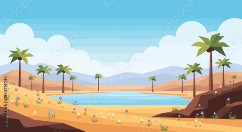 Desert Oasis Landscape with Palm Trees and Wildflowers